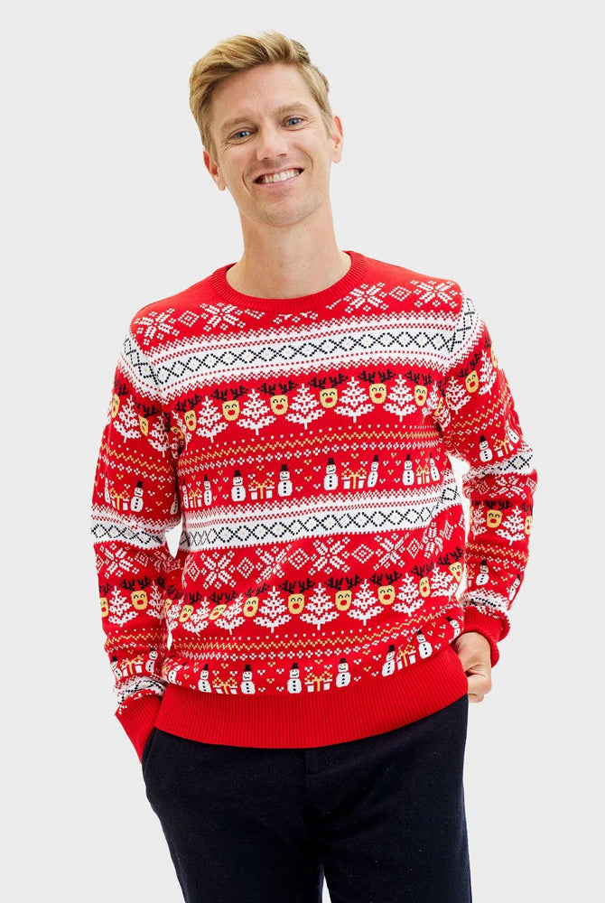 Camisola de Natal Homem Vermelha Bonecos Árvores Algodão Orgânico Neve