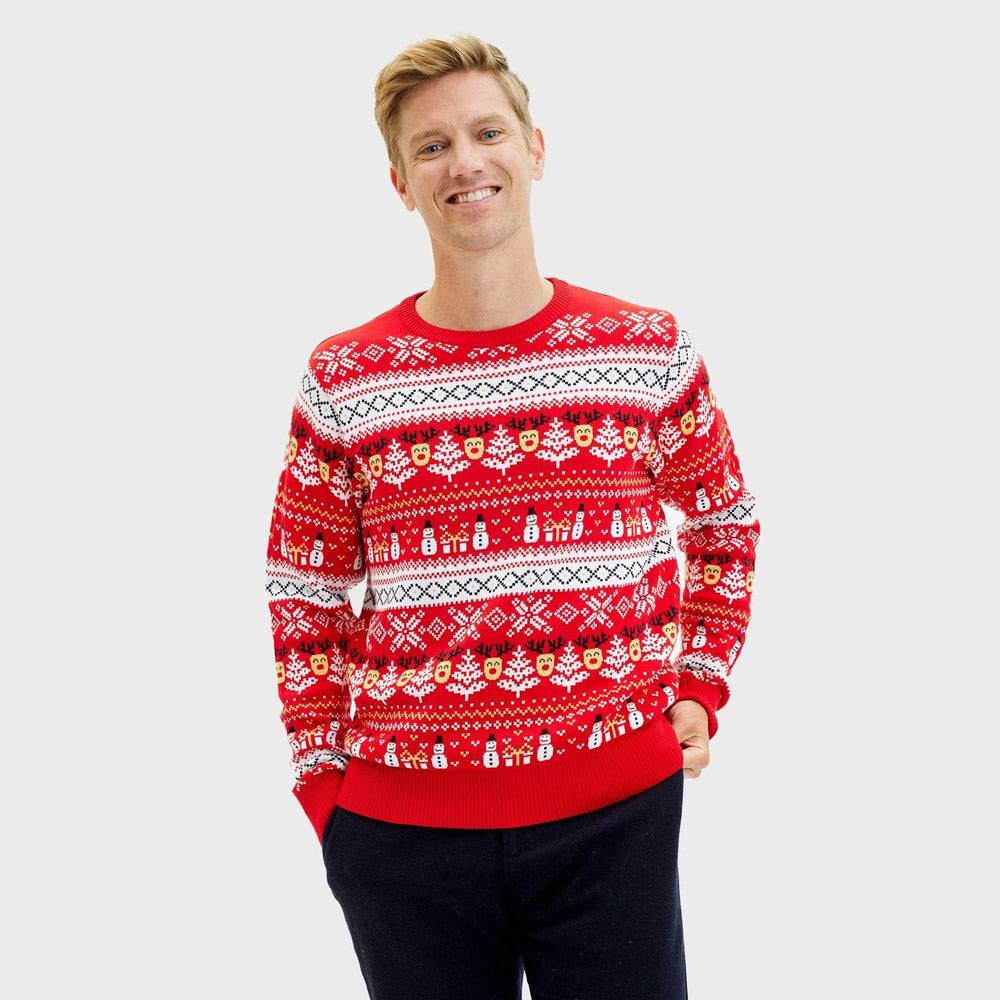 Camisola de Natal Homem Vermelha Bonecos Árvores Algodão Orgânico Neve