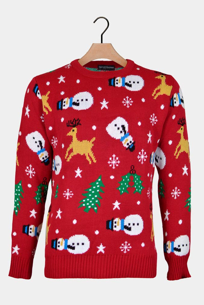 Camisola de Natal para Homem Vermelha com Bonecos, Renas e Árvores