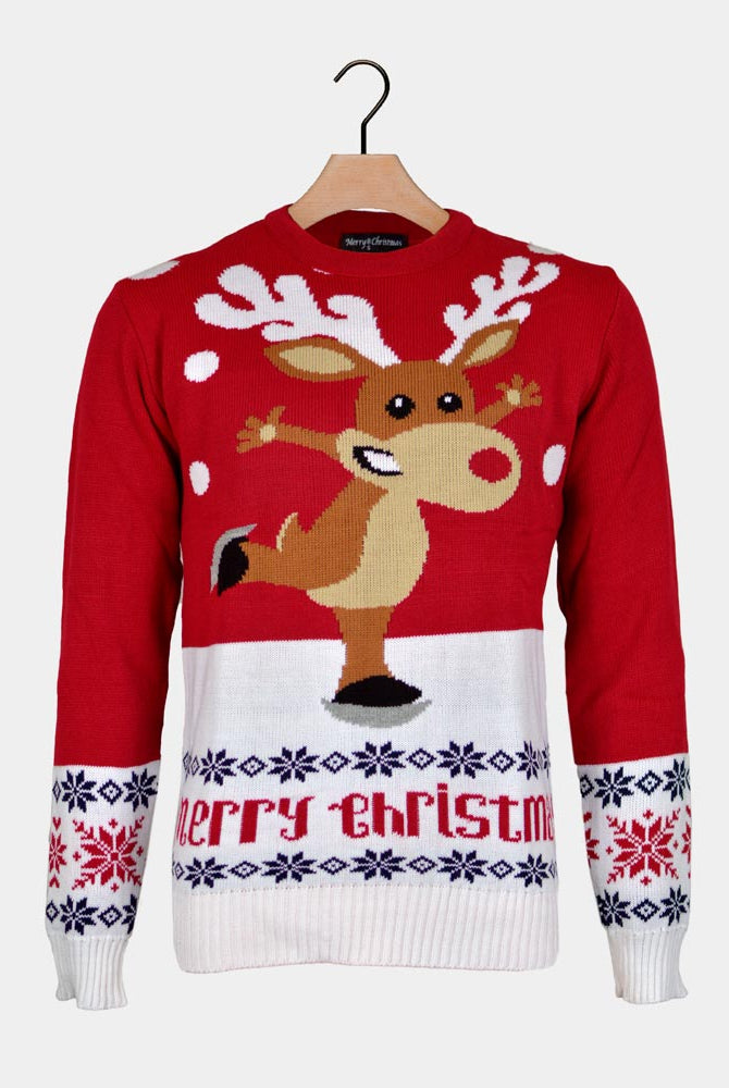 Camisola de Natal para Homem Vermelha com Rena Patinadora