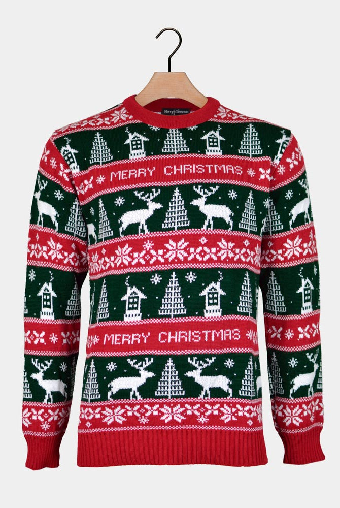 Camisola de Natal Casal Listras Verdes e Vermelhas Merry Christmas