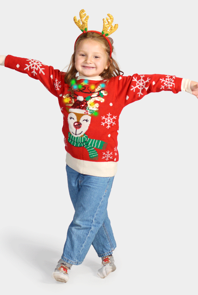 Camisola de Natal Luzes LED menina Rena Brilhante Lantejoulas