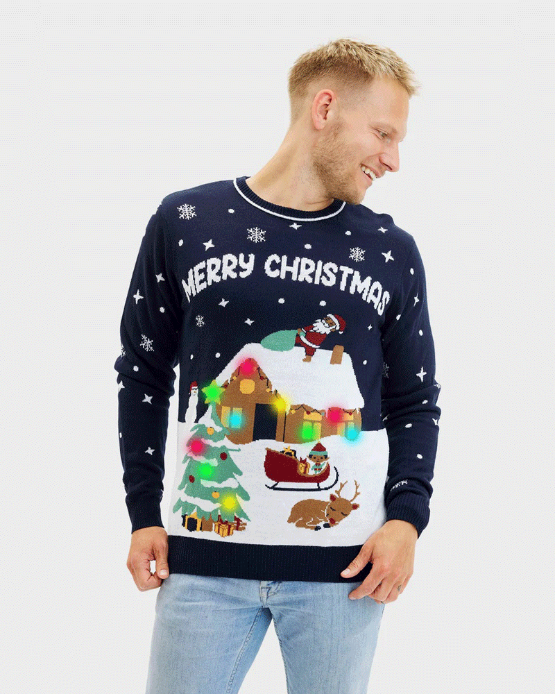 Camisola de Natal com Luzes LED Azul Merry Christmas Homem