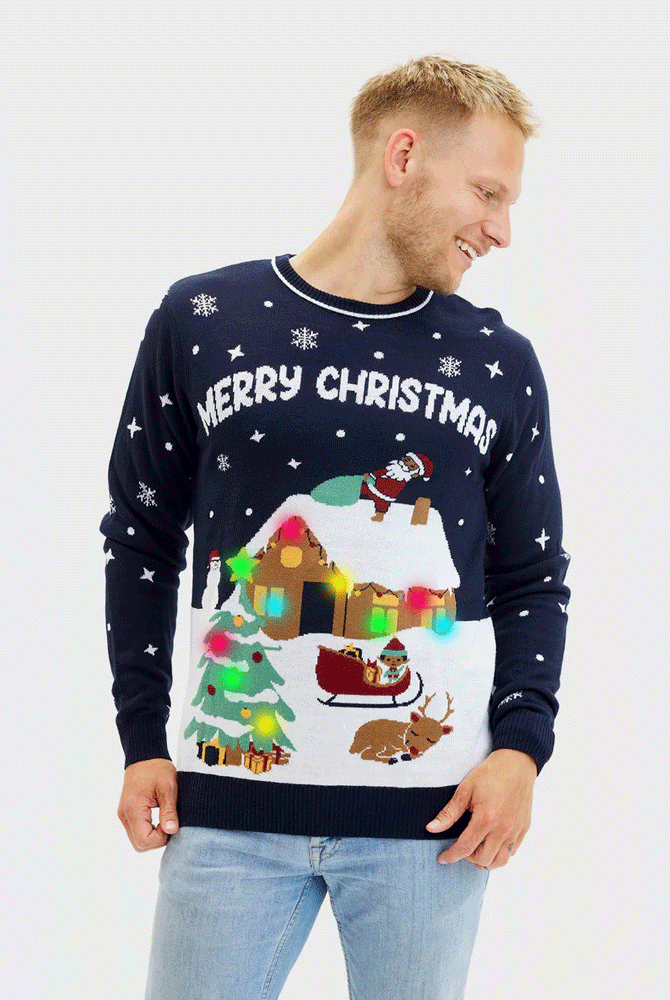 Camisola de Natal com Luzes LED Azul Merry Christmas Homem