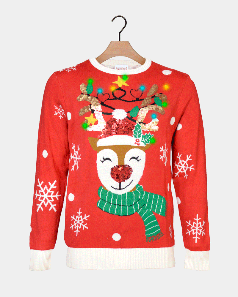 Camisola de Natal Luzes LED Casal Rena Lantejoulas Brilhante