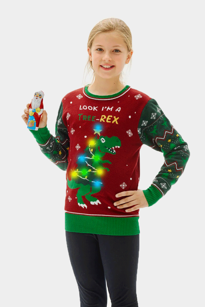 Camisola de Natal com Luzes LED para Família Christmas Tree-Rex menina