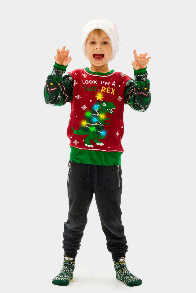 Camisola de Natal com Luzes LED para Família Christmas Tree-Rex menino