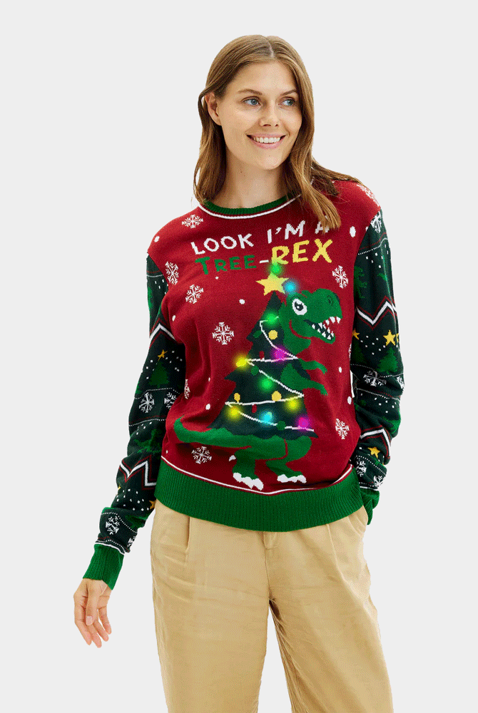 mulher Camisola de Natal com Luzes LED para Família Christmas Tree-Rex