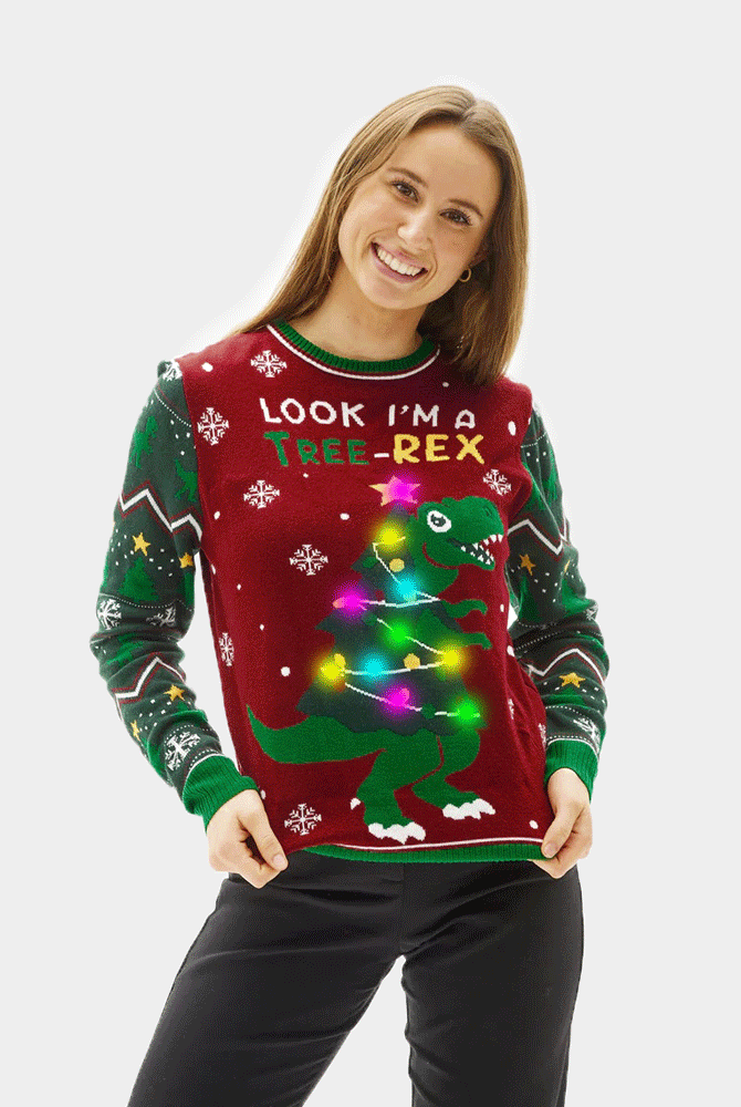 Camisola de Natal com Luzes LED para Família Christmas Tree-Rex mulher