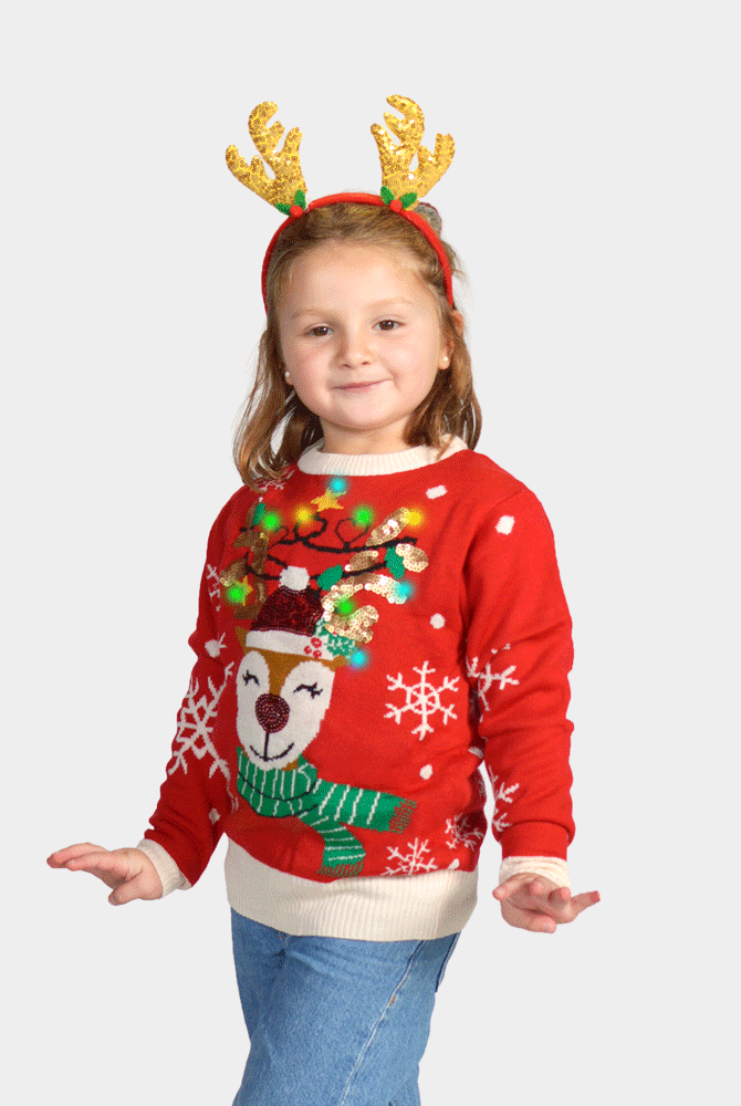 Camisola de Natal Luzes LED familia Rena Brilhante Lantejoulas Crianças