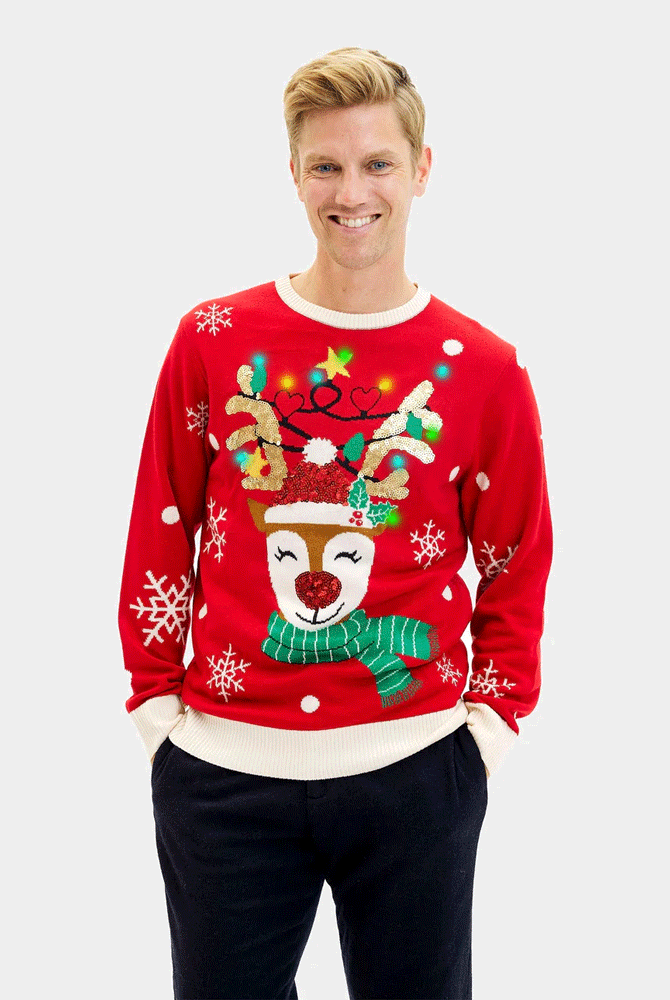 Camisola de Natal Luzes LED familia Rena Brilhante Lantejoulas Homem