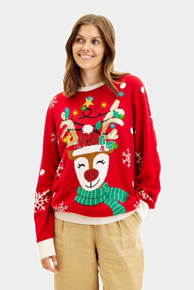 Camisola de Natal Luzes LED familia Rena Brilhante Lantejoulas Mulher