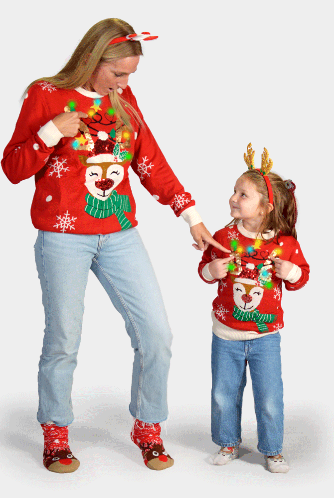 Camisola de Natal Luzes LED familia Rena Brilhante Lantejoulas