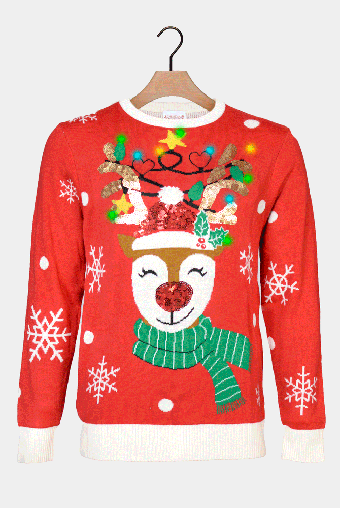 Camisola de Natal Luzes LED familia Rena Lantejoulas Brilhante