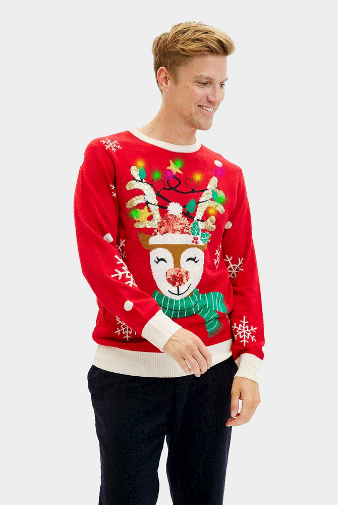 Camisola de Natal Luzes LED Homem Rena Brilhante com Lantejoulas