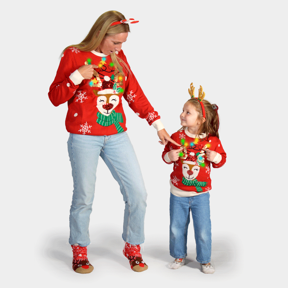 Camisola de Natal Luzes LED Homem Rena Brilhante Lantejoulas Familia