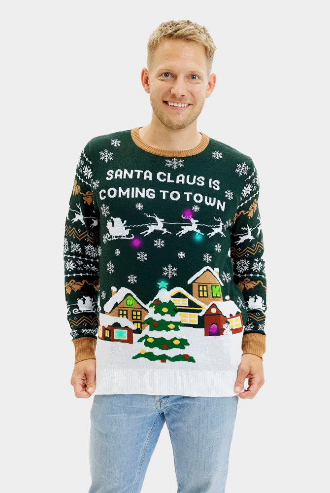 Camisola de Natal com Luzes LED para Homem Santa is Coming to Town