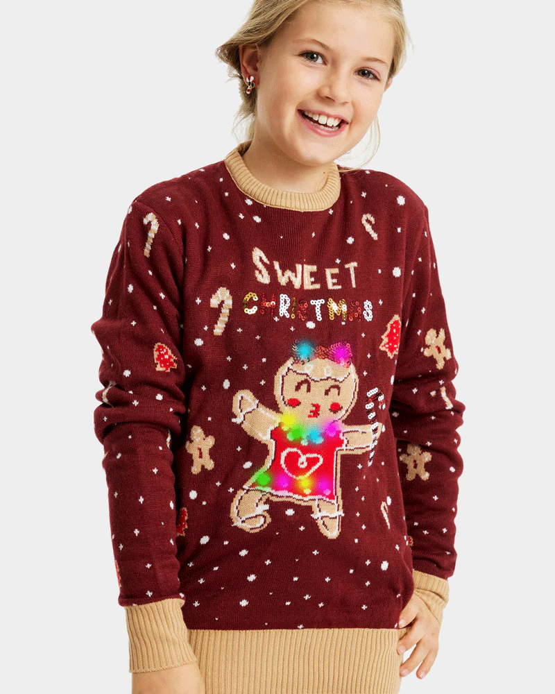 Camisola de Natal Luzes LED Menina Ginger Cookie Vermelha