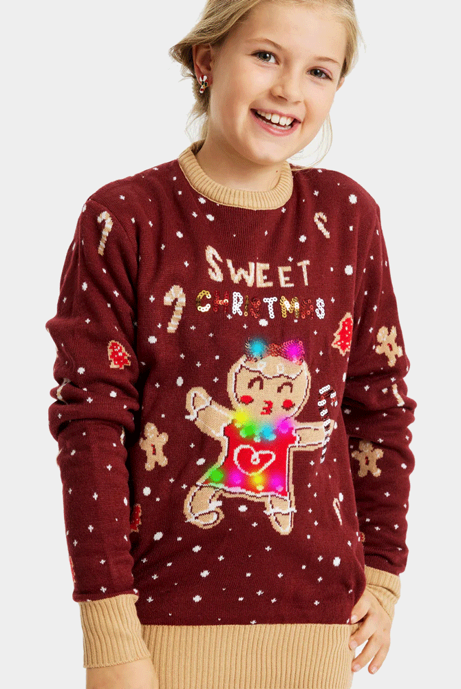 Camisola de Natal Luzes LED Menina Ginger Cookie Vermelha