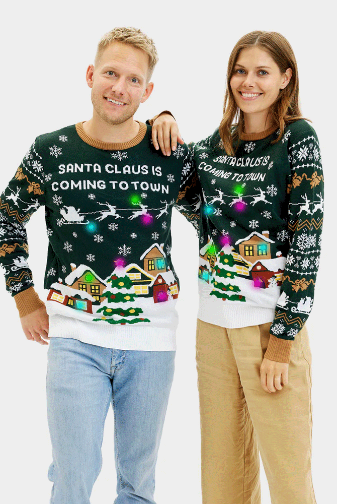 Camisola de Natal com Luzes LED para Mulher Santa is Coming to Town Homem