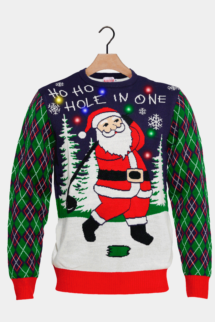 Camisola de Natal com Luzes LED Pai Natal jogando Golfe