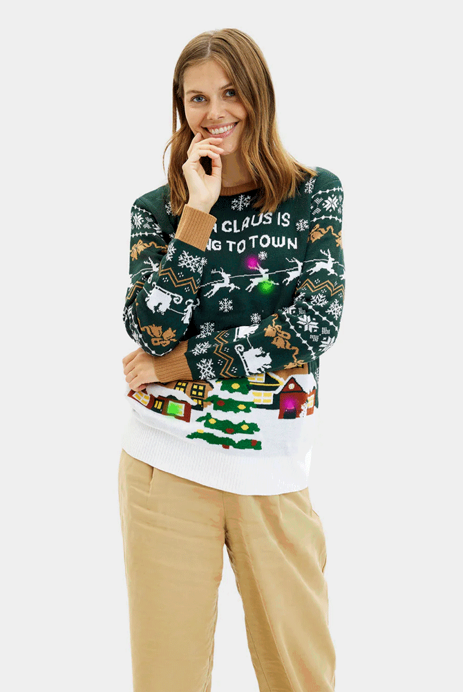 Camisola de Natal com Luzes LED Mulher Santa is Coming to Town