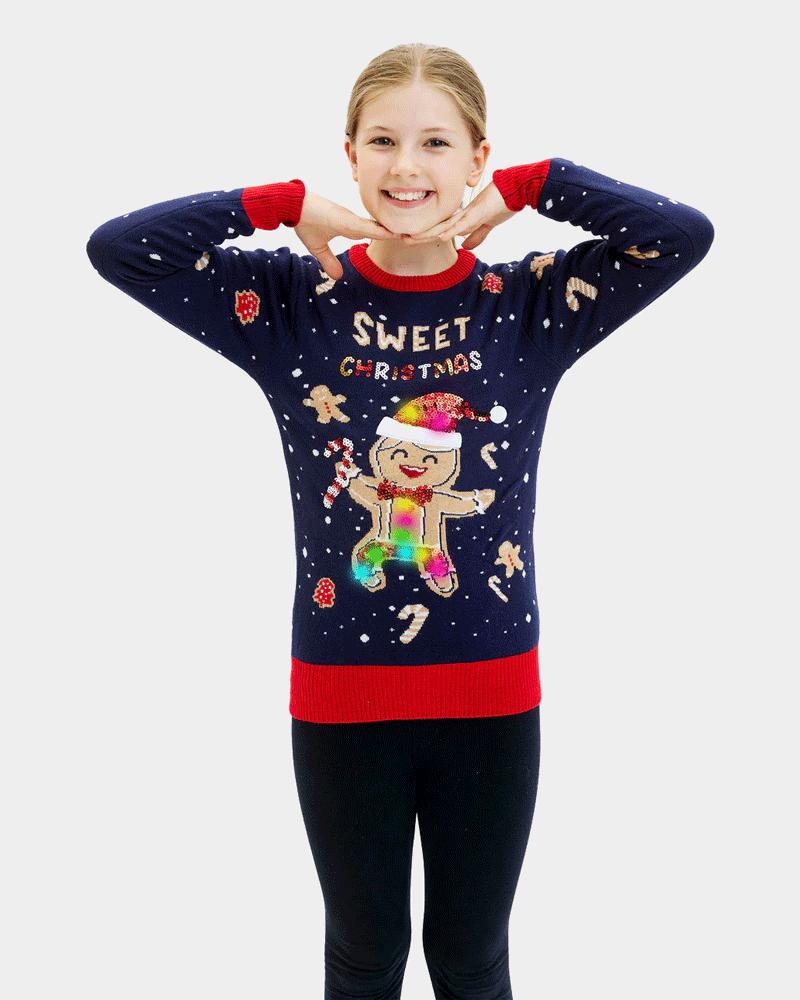 Camisola de Natal para Menina Azul com Luzes LED Ginger Cookie