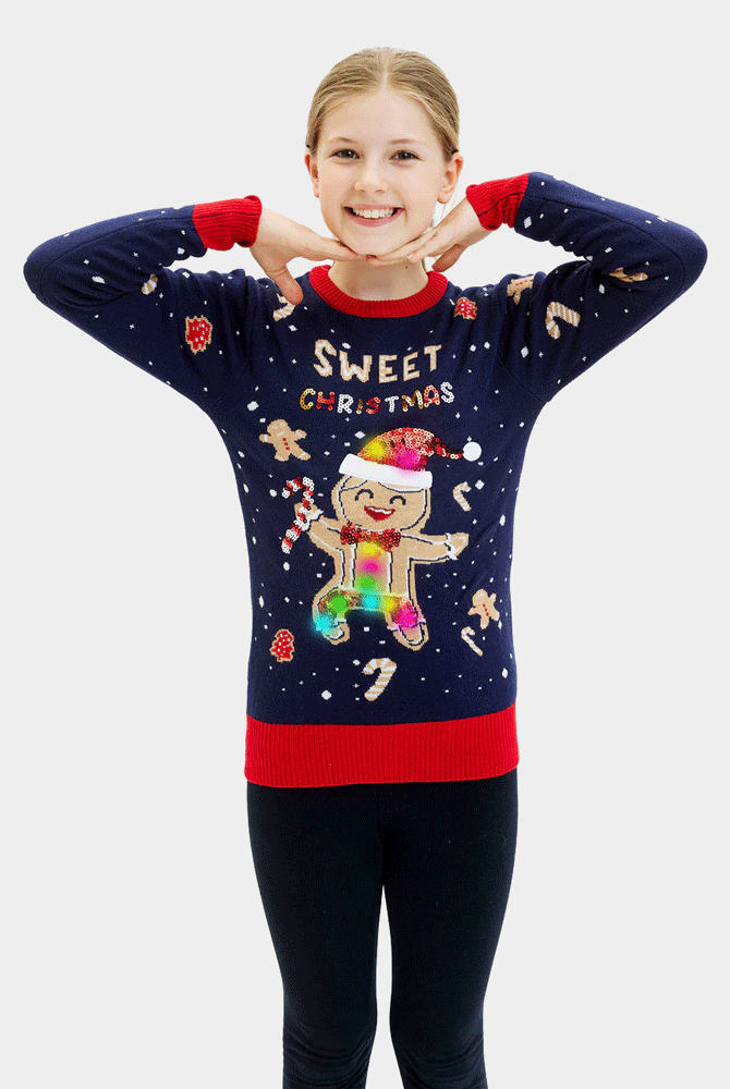 Camisola de Natal para Menina Azul com Luzes LED Ginger Cookie