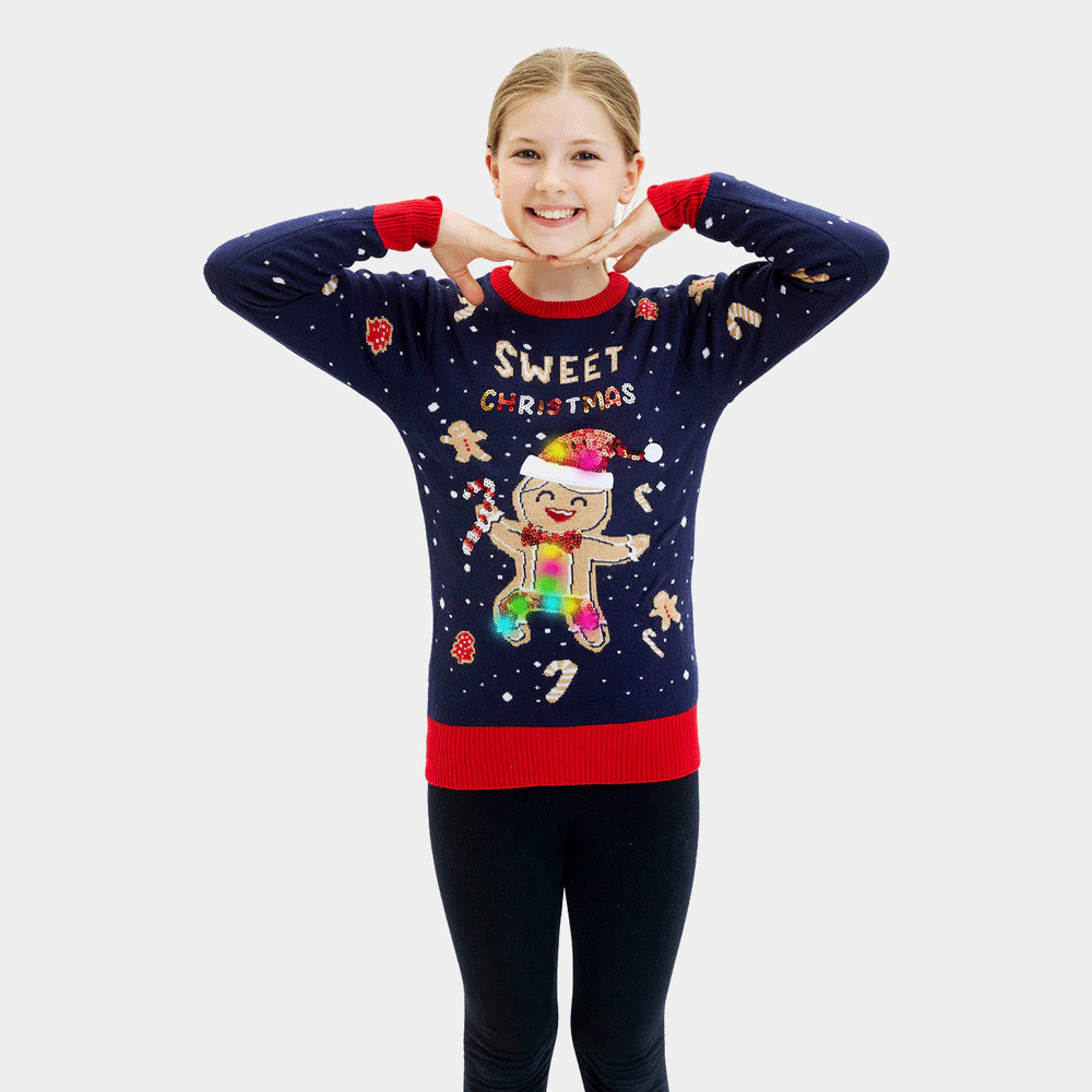 Camisola de Natal para Menina Azul com Luzes LED Ginger Cookie