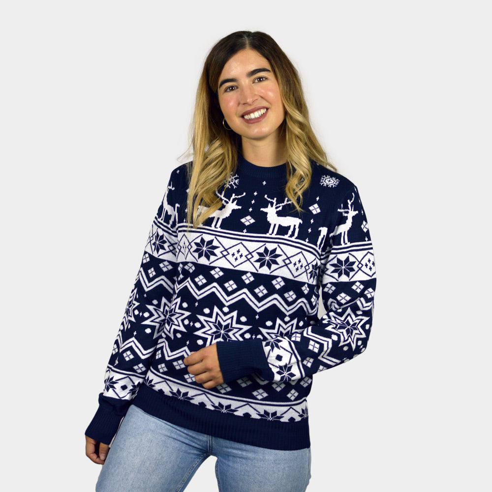Camisola de Natal Mulher Menina e Menino com Renas e Estrelas Azul Nordic