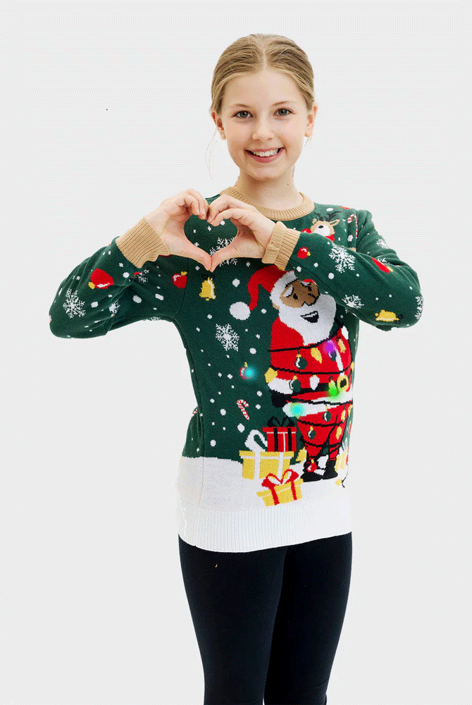 Camisola de Natal Verde Luzes LED Menina Crianás Pai Natal Preso