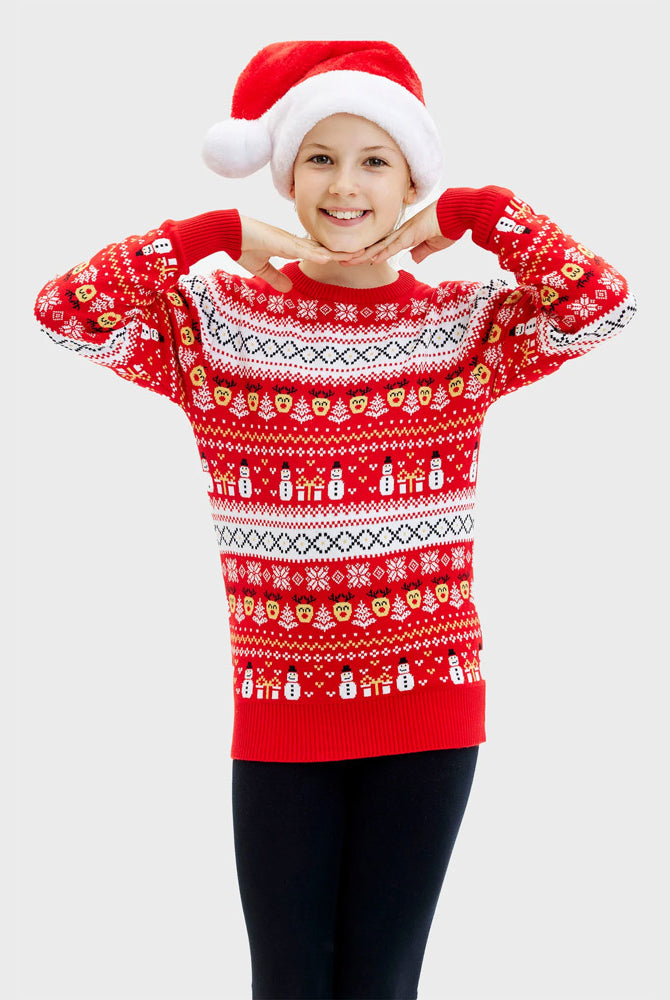Camisola de Natal Menina Neve Vermelha Bonecos Árvores Algodão Orgânico
