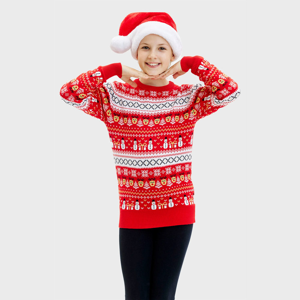 Camisola de Natal Menina Neve Vermelha Bonecos Árvores Algodão Orgânico