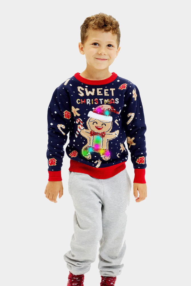 Camisola de Natal para Menino Crianças Azul com Luzes LED Ginger Cookie