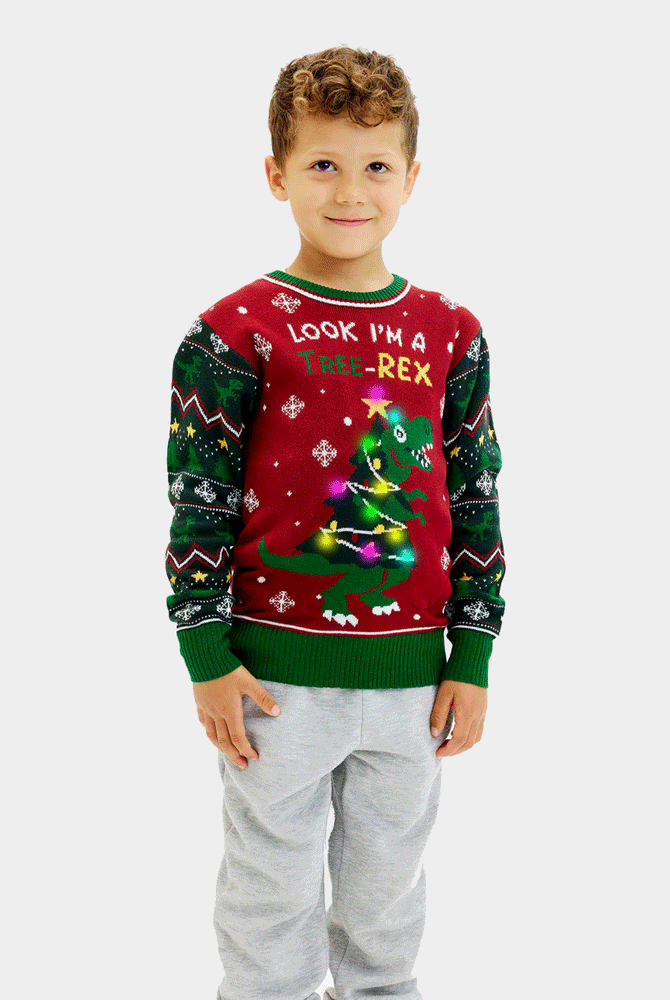 Camisola de Natal Luzes LED Menino Christmas Tree-Rex