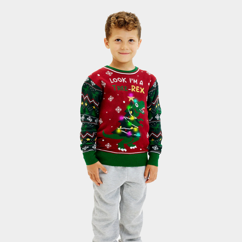 Camisola de Natal Luzes LED Menino Christmas Tree-Rex