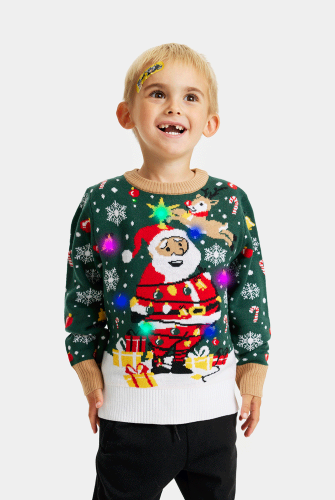 Camisola de Natal Verde com Luzes LED para Menino Pai Natal Preso