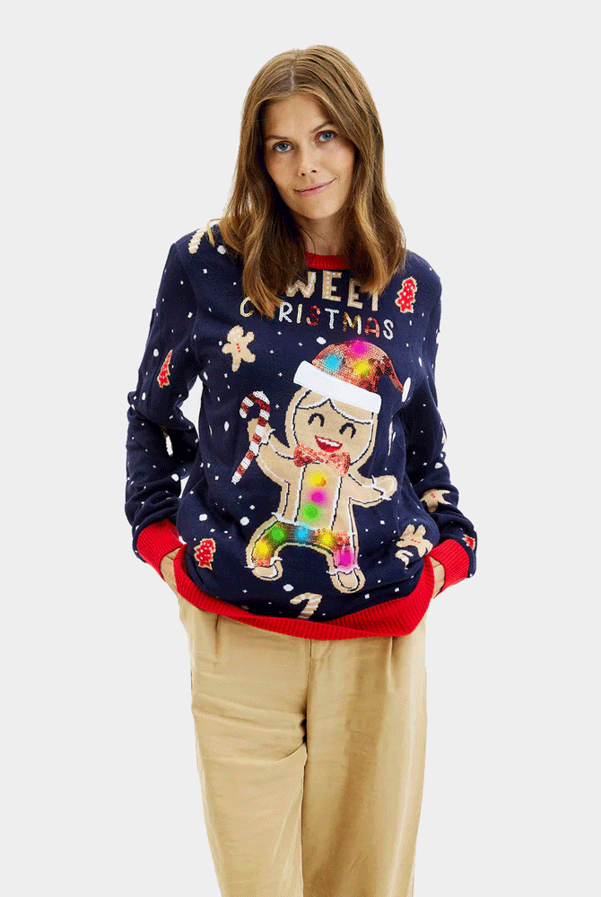 Camisola de Natal para Mulher Azul com Luzes LED Ginger Cookie