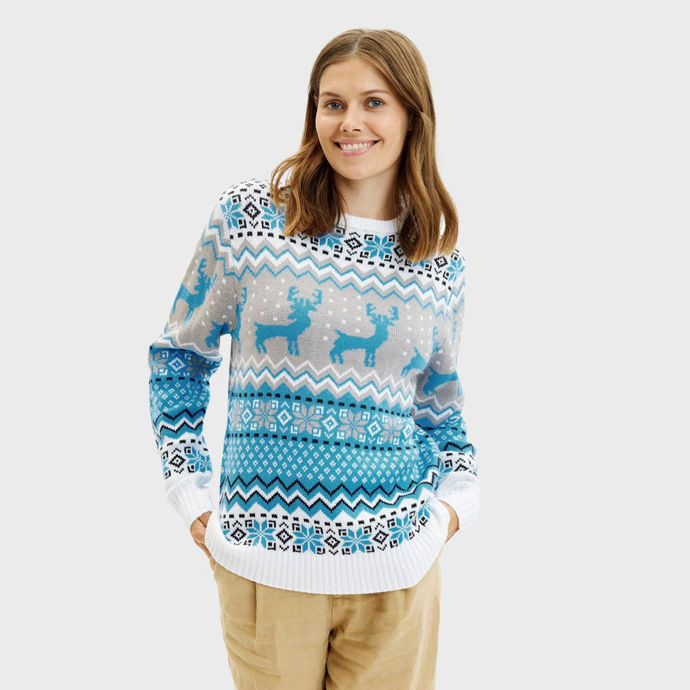 Camisola de Natal Mulher Elegante Branca, Cinza e Azul com Renas
