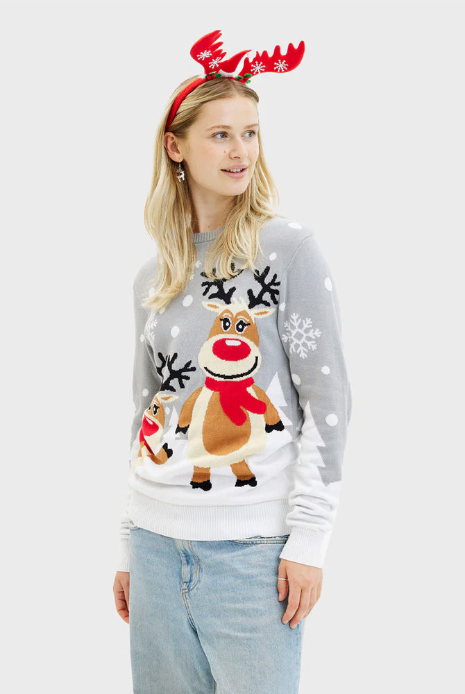 Camisola de Natal para Casal Mulher Cinza com Renas Cute