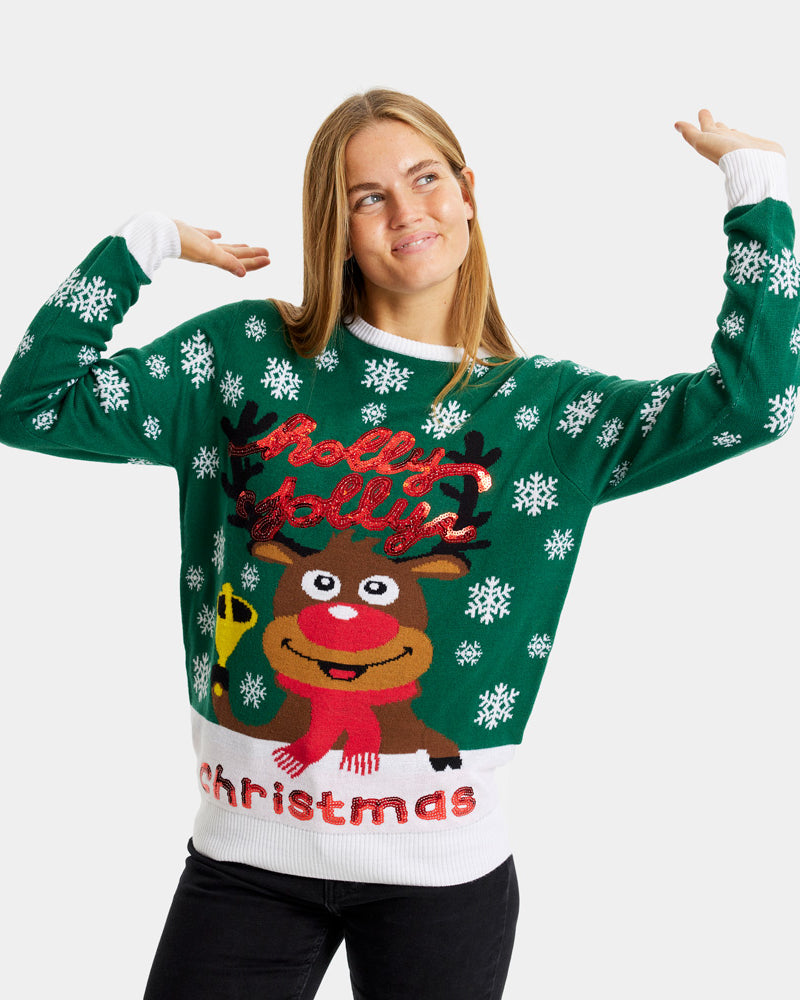 mulher Camisola de Natal para Casal Verde Holly Jolly Lantejoulas