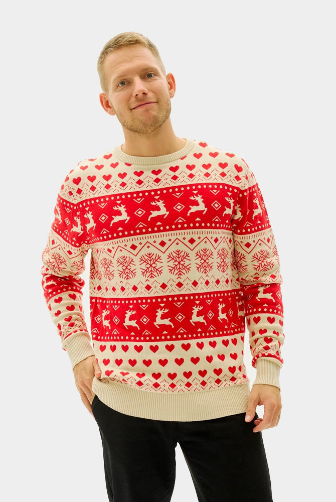 Camisola de Natal Mulher Corações Vermelhos Bege Algodão Homem Orgânico