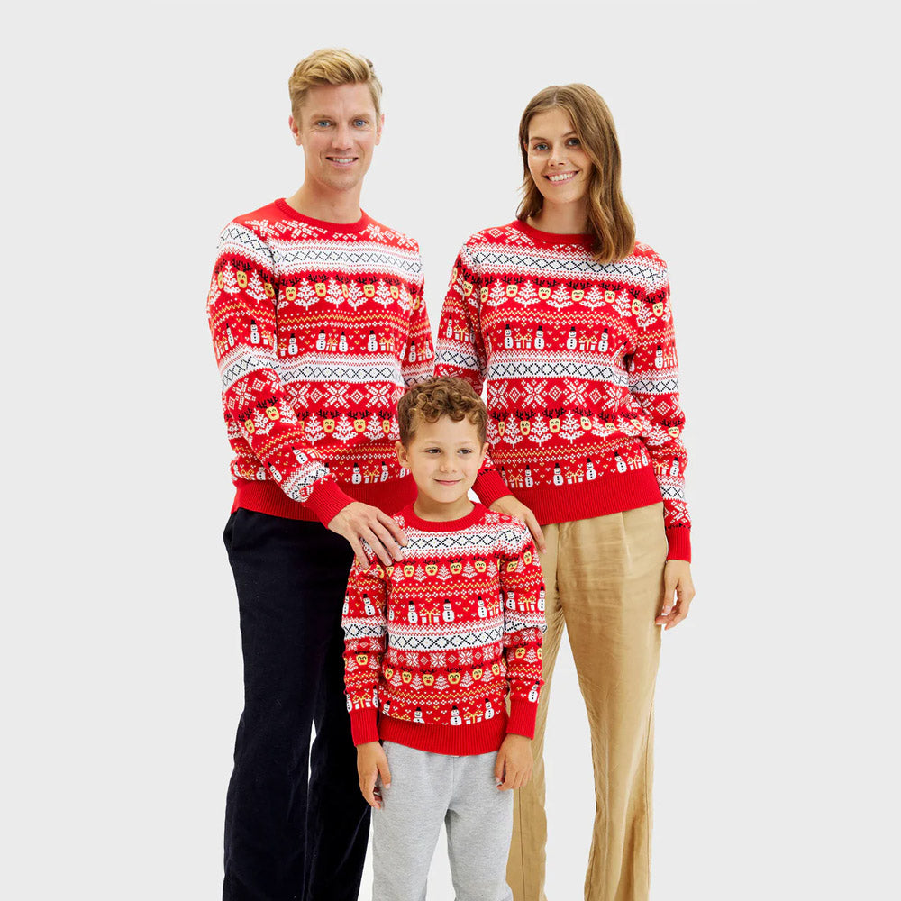 Camisola de Natal Mulher Família Vermelha Bonecos Árvores Algodão Orgânico