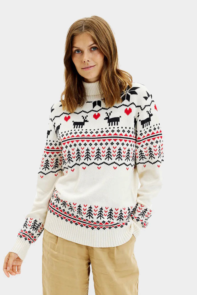 Camisola de Natal para Mulher de Gola Alta bege Renas Algodão Orgânico