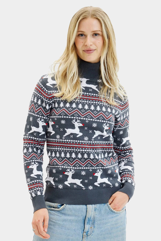 Camisola de Natal para Mulher de Gola Alta Cinzenta Renas Algodão Orgânico