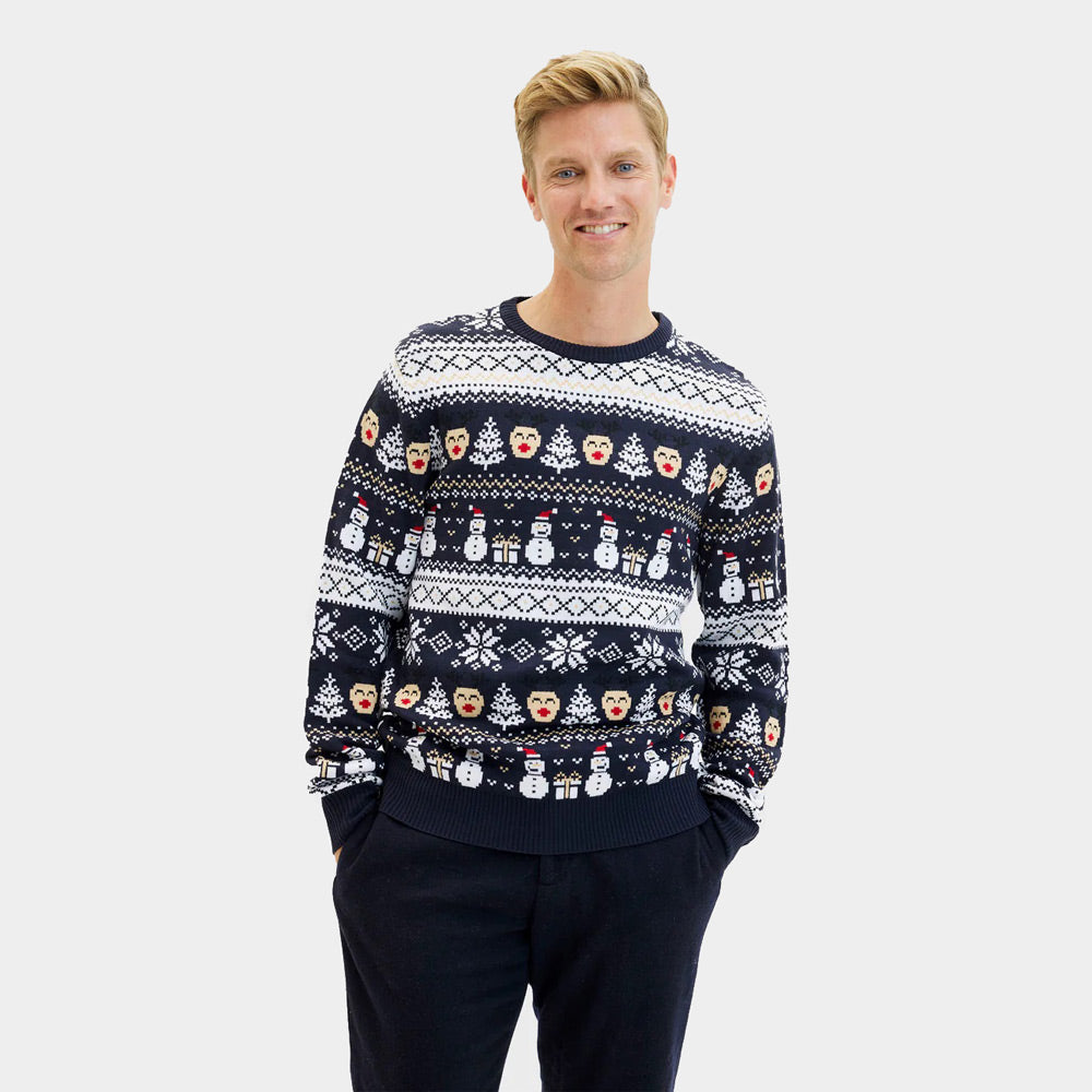 Camisola de Natal Homem Mulher Azul Bonecos de Neve e Árvores