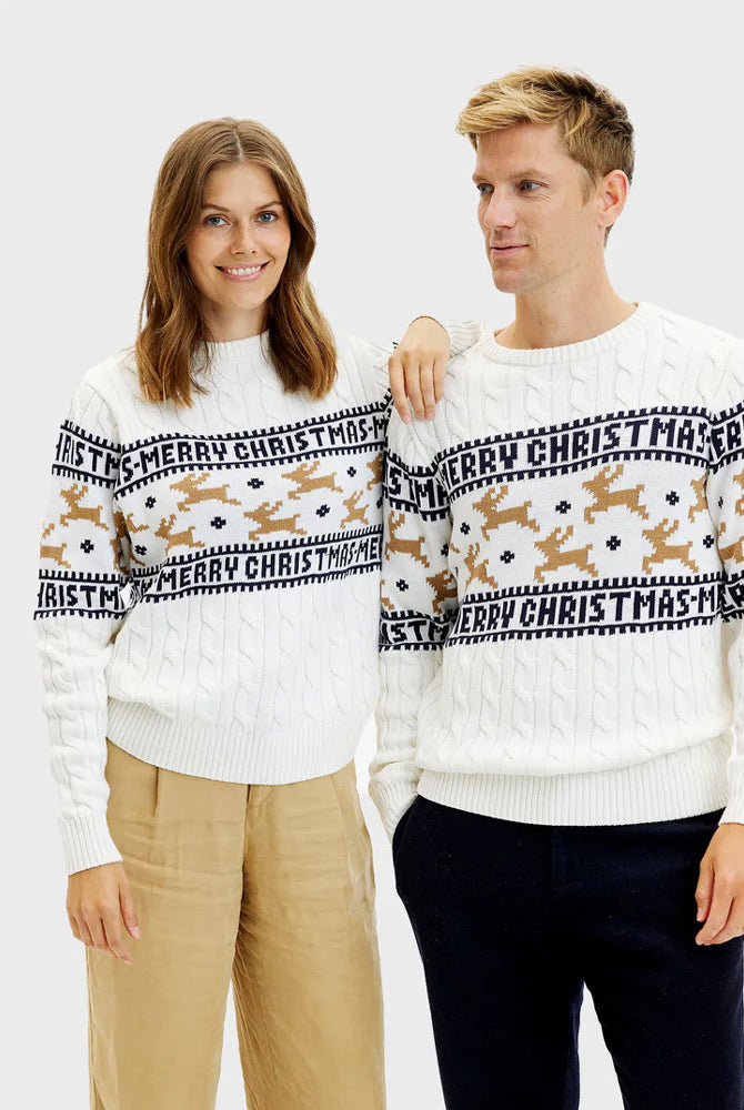 Camisola de Natal Mulher Homem Elegante Branca Renas Algodão Orgânico