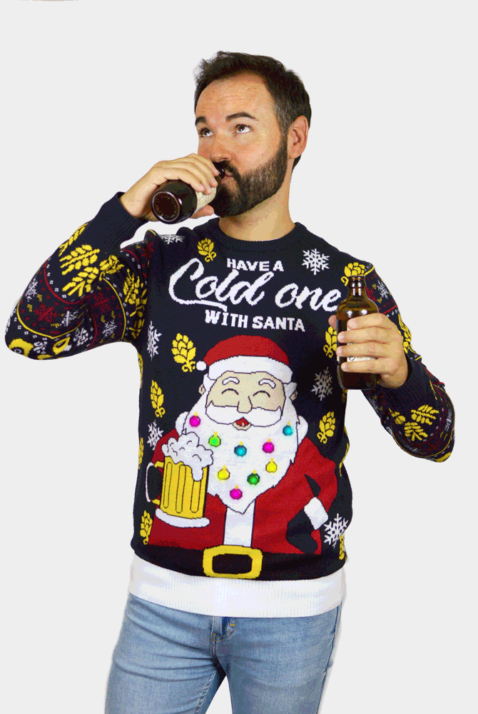 Camisola de Natal para Mulher Homem Luzes LED Pai Natal com Cerveja