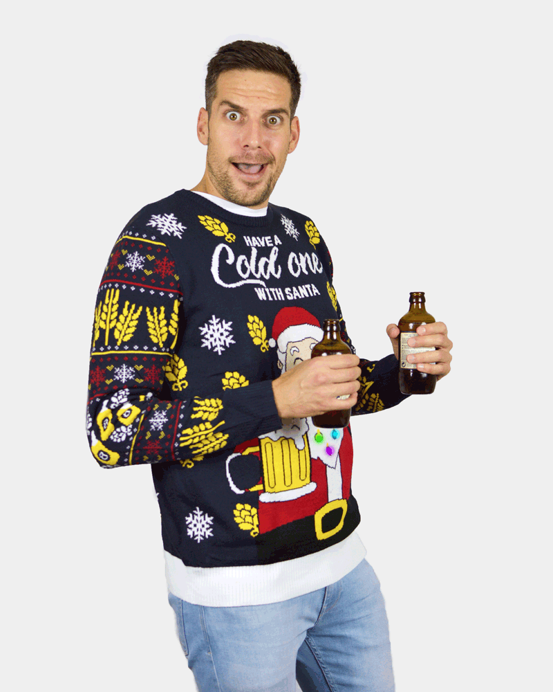 Camisola de Natal Homem Mulher com Luzes LED Pai Natal com Cerveja