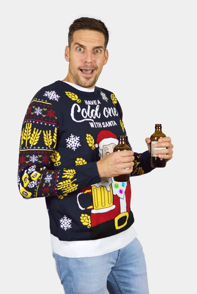 Camisola de Natal Homem Mulher com Luzes LED Pai Natal com Cerveja